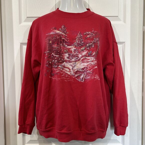Vintage Northern Reflections Winter Cabin Graphic Sweatshirt Red Cottage Core XL - Picture 1 of 13